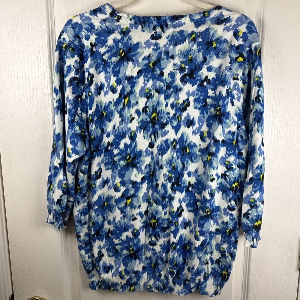 Lands' End Supima Cotton Crewneck Sweater 1X Blue Floral Plus Size Knit